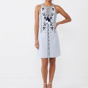 Striped Embroidered Halter Summer Dress - Blue/White